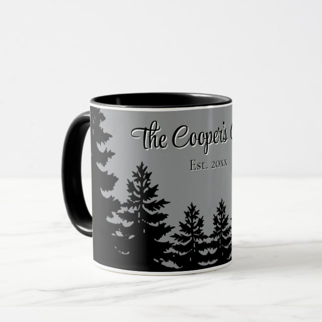 Minimalistische graue schwarze Kiefernbaumsilhouet Tasse (Vorderseite Links)