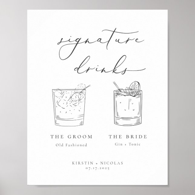 Minimalistische graue Unterschrift Drinks Hochzeit Poster (Vorne)