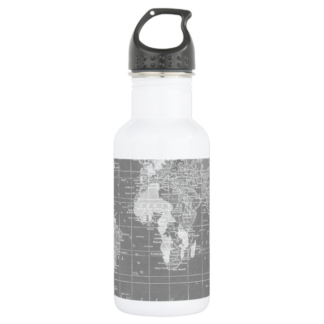 Minimalistische graue Vintage Weltkarte Edelstahlflasche (Vorderseite)