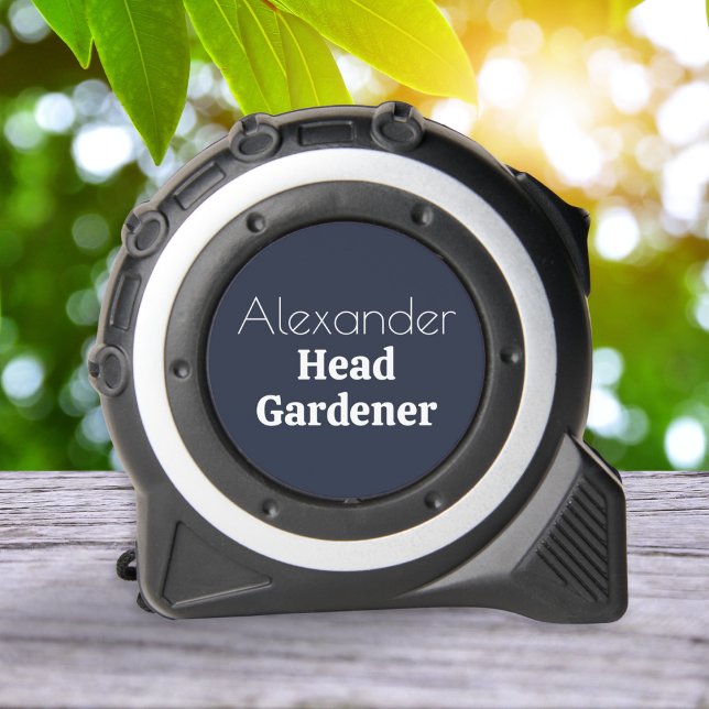 Minimalistische Grödnergartenblauer Maßstab Maßband (A stylish measuring tape with 'Head Gardener' words in white on navy blue, personalized with a name)