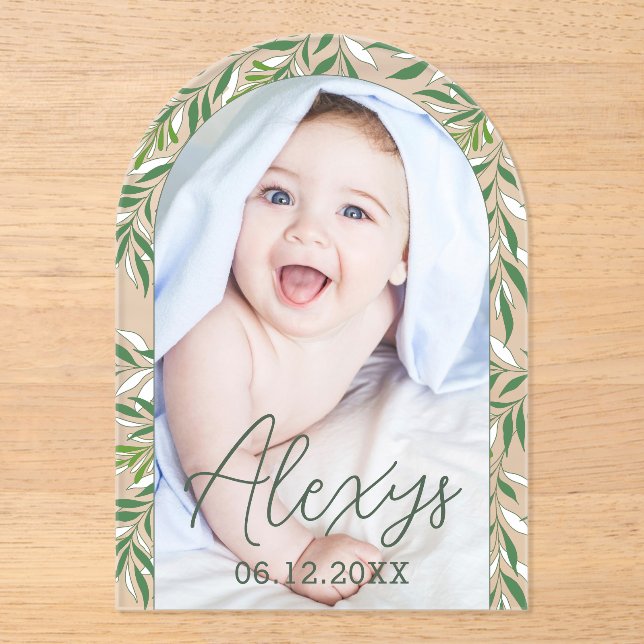 Minimalistische Grün Hinzufügen Foto Birth Ankündi Acryleinladungen (Vorderseite)