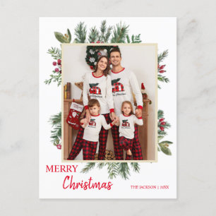 Minimalistische Grün mit Rotem Foto Frohe Weihnach Postkarte