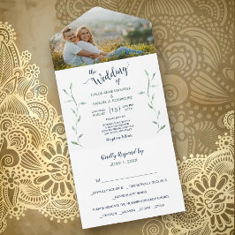 Minimalistische grüne Blätter Fotovorlage Hochzeit All In One Einladung