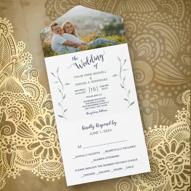 Minimalistische grüne Blätter Fotovorlage Hochzeit All In One Einladung (Von Creator hochgeladen)