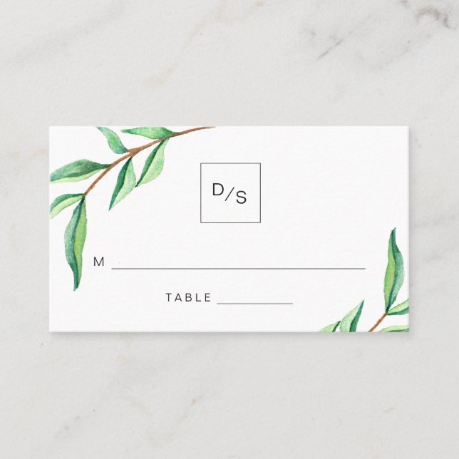 Minimalistische grüne Blätter Hochzeitskarten Platzkarte (Vorderseite)