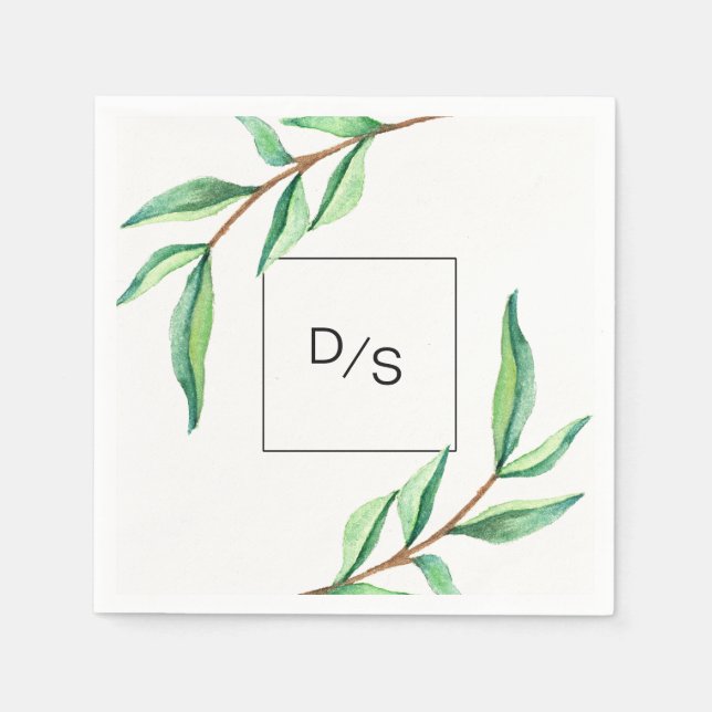Minimalistische grüne Blätter mit Monogram Wedding Serviette (Vorderseite)