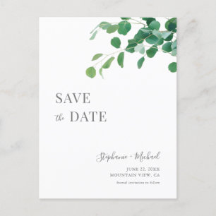 Minimalistische grüne Blätter Save the Date benutz Einladungspostkarte