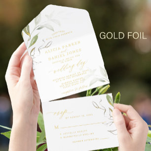 Minimalistische grüne goldgrüne Hochzeit All-in-One-Einladung