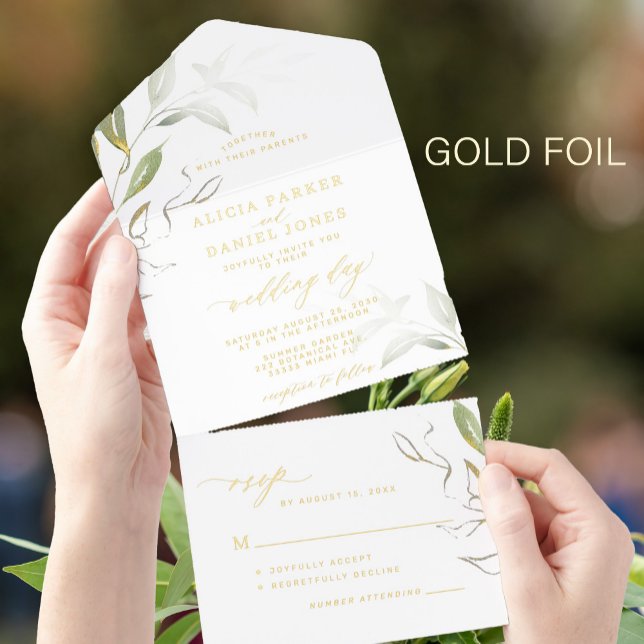 Minimalistische grüne goldgrüne Hochzeit All-in-One-Einladung (Von Creator hochgeladen)