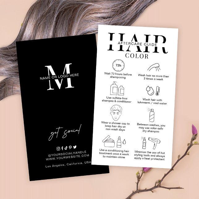 Minimalistische Haarfarbe Aftercare Guide Haarstyl Visitenkarte (Hair color aftercare instructions cards for hairstylists in customizable black and white design)