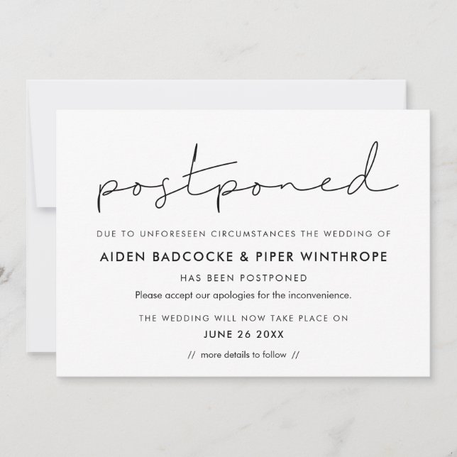 Minimalistische handgeschriebene vertagte Ankündig Einladung (Vorderseite)