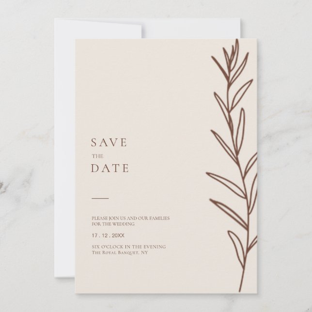 Minimalistische handgezogene Elfenbeinhochzeit Save The Date (Vorderseite)