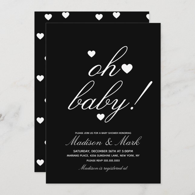 Minimalistische Hearts Black Baby Dusche Einladung (Vorne/Hinten)