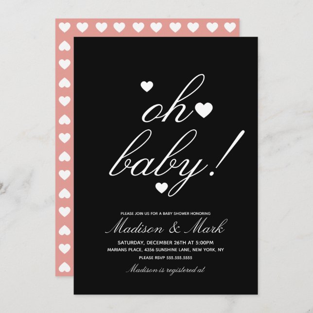 Minimalistische Hearts White Black Baby Dusche Einladung (Vorne/Hinten)