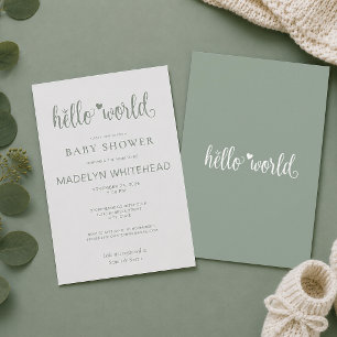 Minimalistische Hello World Baby Shower Sagegrün Einladung
