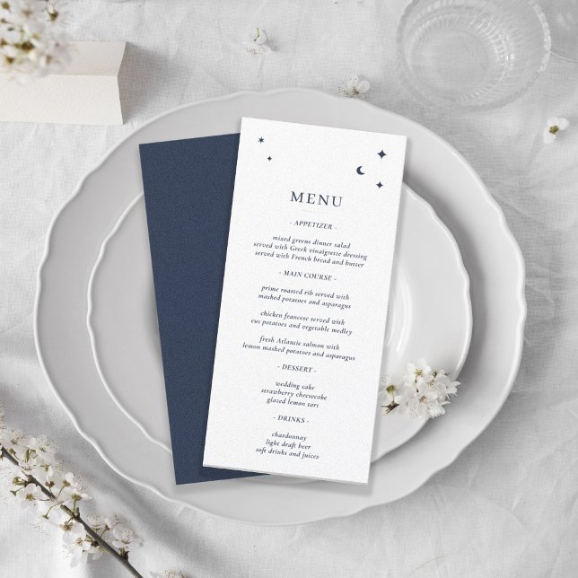 Minimalistische Himmelsstars und Mond Weiß und Mar Menükarte (Von Creator hochgeladen)