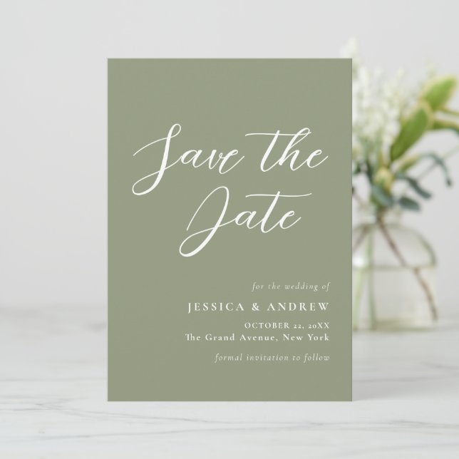 Minimalistische Hochzeit auf Grün und Weiß Save The Date (Stehend Vorderseite)