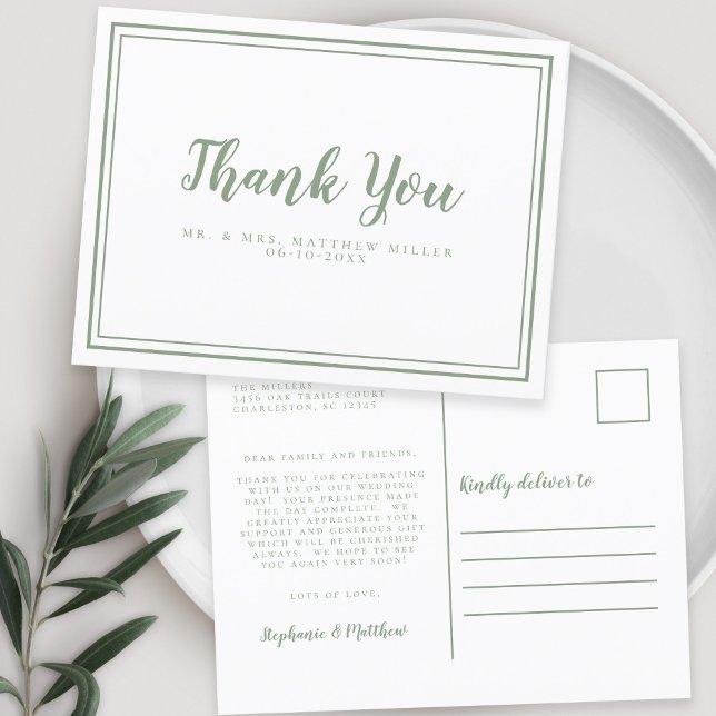 Minimalistische Hochzeit Danke, dass Sie Nachricht Postkarte (Minimalist Wedding Thank You Message Sage Green Postcard)