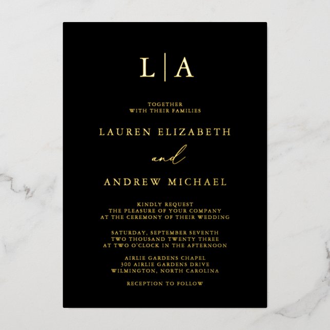 Minimalistische Hochzeit der Black Gold Foil Monog Folieneinladung (Vorderseite)