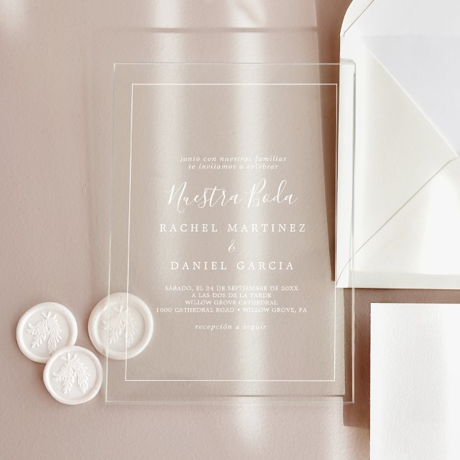 Minimalistische Hochzeit der Weißen Romantik Acryleinladungen (Minimalist White Romantic Classic Spanish Wedding Acrylic Invitations)