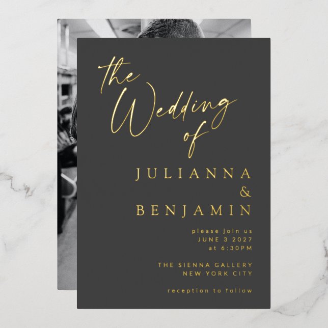 Minimalistische Hochzeit des Fotos mit dem Gold Bl Folieneinladung (Vorderseite/Rückseite)