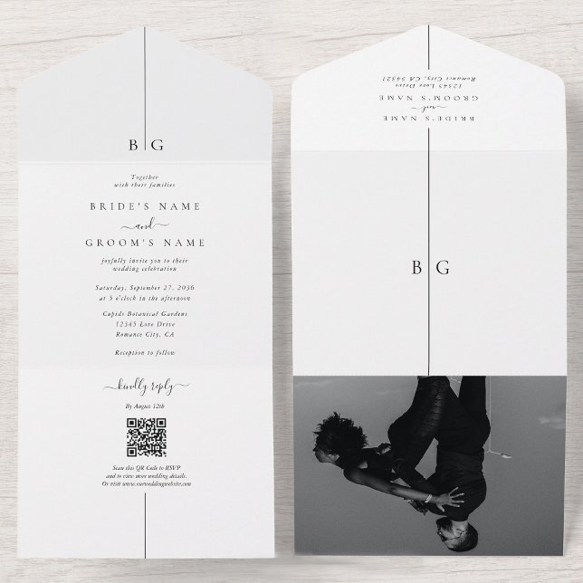 Minimalistische Hochzeit des modernen Fotos All In One Einladung (Minimalist Modern Photo Inline Monogram Wedding All In One Invitation)