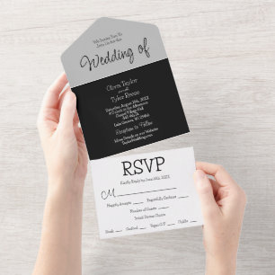 Minimalistische Hochzeit in Schwarz, Grau und Weiß All In One Einladung