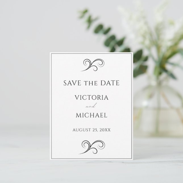 Minimalistische Hochzeit in Schwarz und Weiß Save The Date (Stehend Vorderseite)
