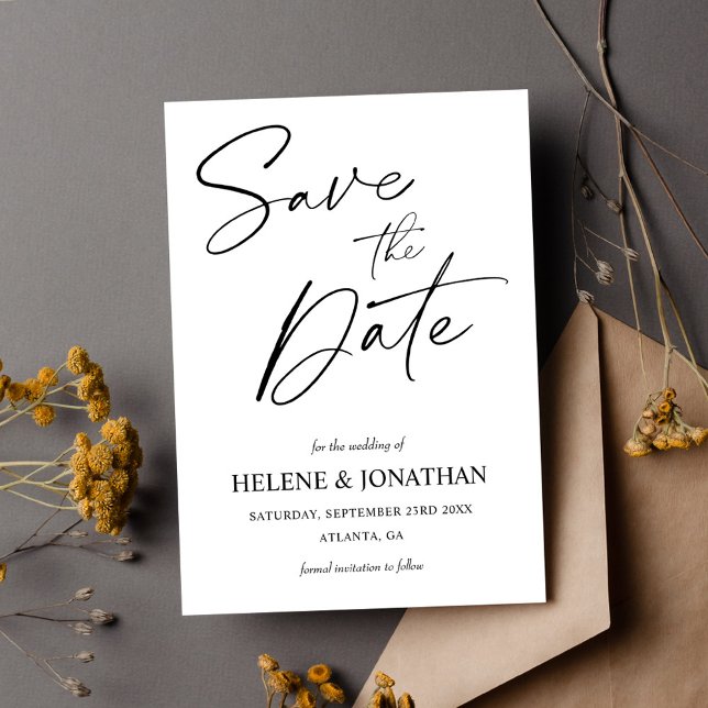 Minimalistische Hochzeit in Schwarz und Weiß Save The Date (Black And White Minimalist Elegant Wedding Save The Date card)
