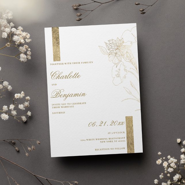 Minimalistische Hochzeit in Weißgold Einladung (Minimalist elegant white gold floral wedding )