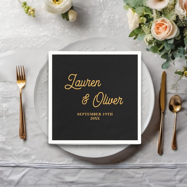 Minimalistische Hochzeit mit Black Gold Script Serviette (Von Creator hochgeladen)