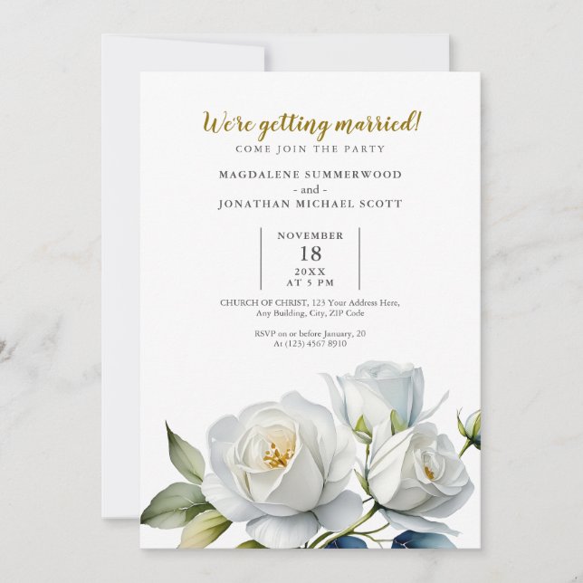 Minimalistische Hochzeit mit Blumen und Weiß Rose Einladung (Vorderseite)