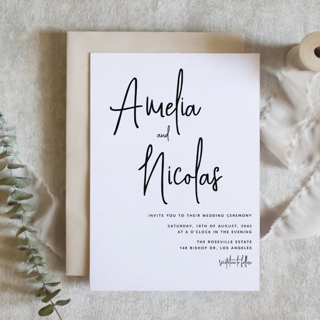 Minimalistische Hochzeit mit handgeschriebenem Bla Einladung (Black and White Handwritten Script Minimalist Wedding Invitation)