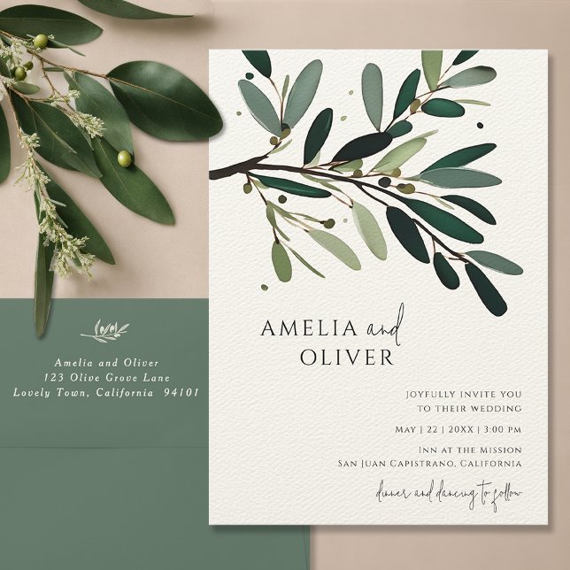 Minimalistische Hochzeit mit Olivenbäumen Einladung (Olive tree branch wedding invitation, olive green botanical wedding invite, watercolor wedding card)