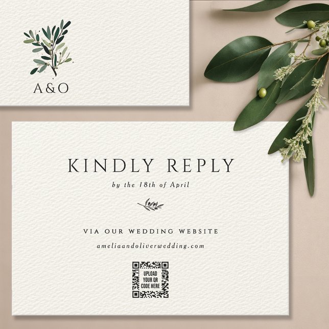 Minimalistische Hochzeit mit Olivenbäumen RSVP Karte (Olive tree branch wedding invitation suite RSVP card QR code response kindly reply card, web site)