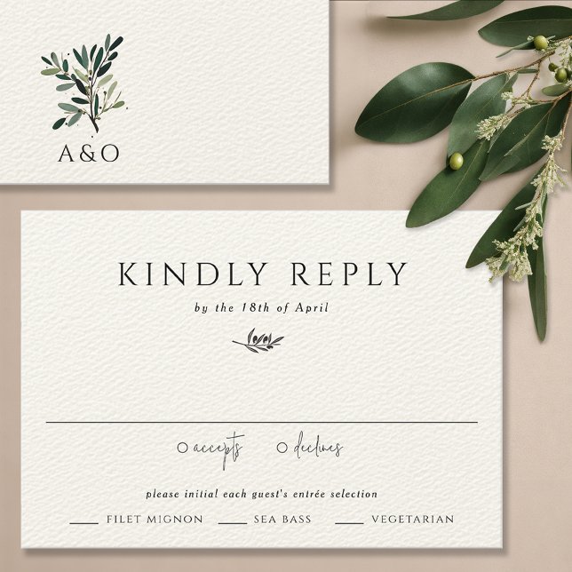 Minimalistische Hochzeit mit Olivenbäumen RSVP Karte (Olive tree branch wedding invitation suite RSVP card, response card reply card elegant watercolor)