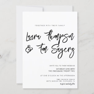 Minimalistische Hochzeit mit Pinsel Schrift Schwar Einladung