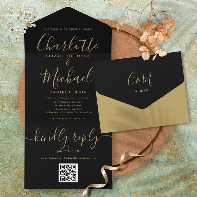 Minimalistische Hochzeit mit QR-Code All In One Einladung (Black And Gold QR Code Minimalist Wedding All In One Invitation)