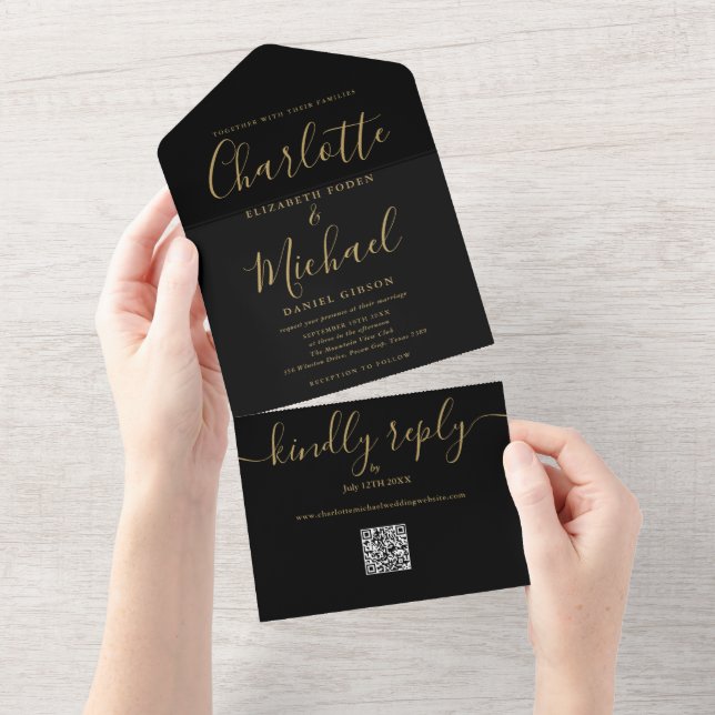 Minimalistische Hochzeit mit QR-Code All In One Einladung (Abreißen)