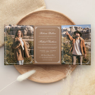 Minimalistische Hochzeit mit QR-Code in Beige, Bra Dreifach Gefaltete Einladung