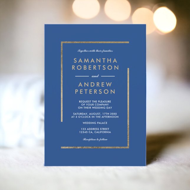 Minimalistische Hochzeit mit weißem Gold Einladung (Minimalist blue white gold chic elegant wedding invitation)