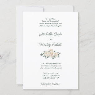 Minimalistische Hochzeit mit weißer und grüner Ros Einladung