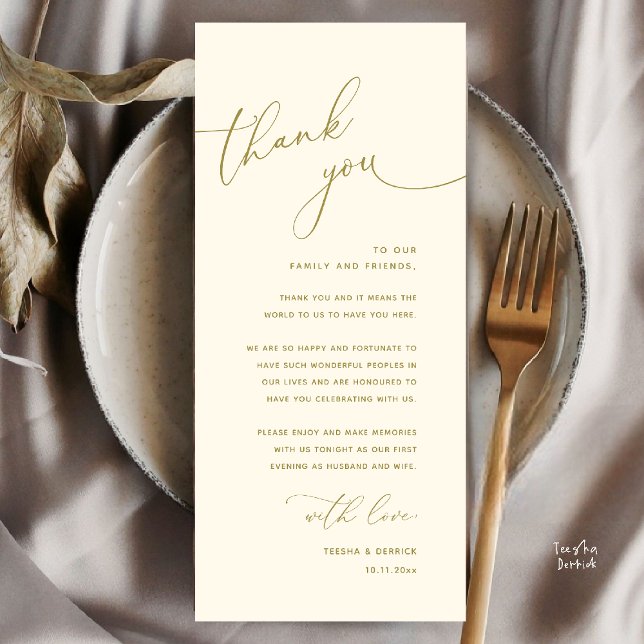 Minimalistische Hochzeit Platzsetting Danksagungsk Programm (Welcome n Thanks Wedding Reception Dinner Brunch Lunch Thank You Card in Yellow Gold)