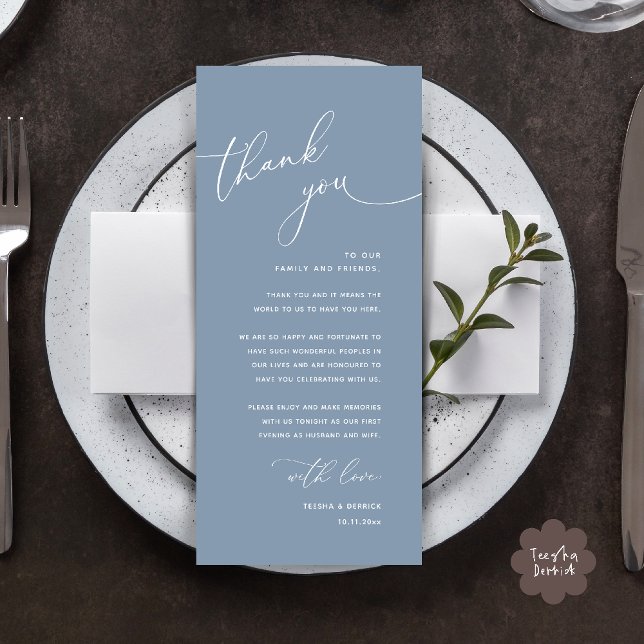 Minimalistische Hochzeit Platzsetting Danksagungsk Programm (Welcome n Thanks Wedding Reception Dinner Brunch Lunch Thank You Card in Dusty Blue)