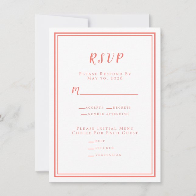 Minimalistische Hochzeit RSVP Menü Coral White (Vorderseite)