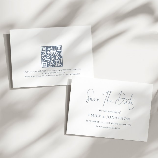Minimalistische Hochzeit von dunkelblauem Text QR- Save The Date (Front and back view)