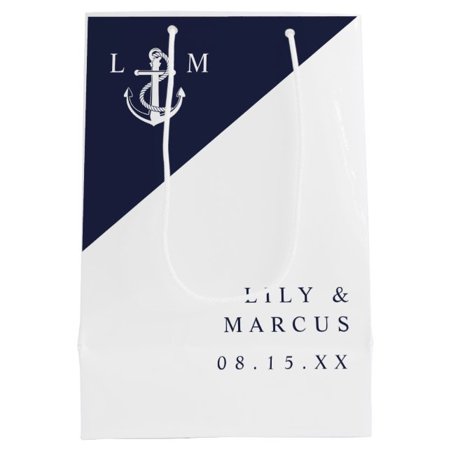 Minimalistische Hochzeit von Navy Blue Nautical Mo Mittlere Geschenktüte (Rückseite)