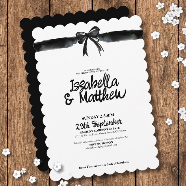 Minimalistische Hochzeit von Schwarz und Weiß Einladung (Watercolor elegant black bow wedding invitation for modern contemporary simple wedding theme)