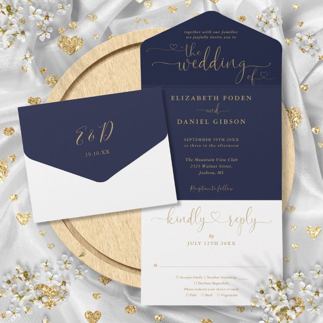 Minimalistische Hochzeiten von Navy und Gold Scrip All In One Einladung (Navy And Gold Script Hearts Minimalist Wedding All In One Invitation)