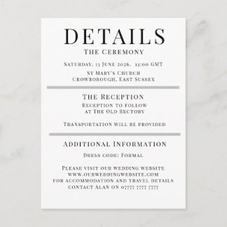 Minimalistische Hochzeits-Details Karte | Elegant